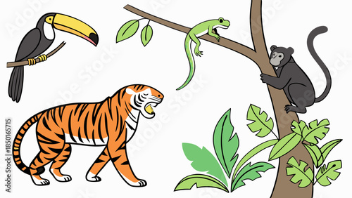 Vibrant Tropical Jungle Animals Toucan Tiger Monkey Lizard Wildlife Nature Education Kids Books