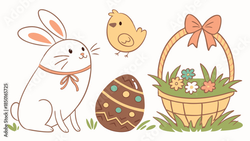 Cheerful Easter Holiday Illustration with Cute Bunny, Chick, Decorated Egg, and Flower Basket for Spring Marketing and Family Fun.