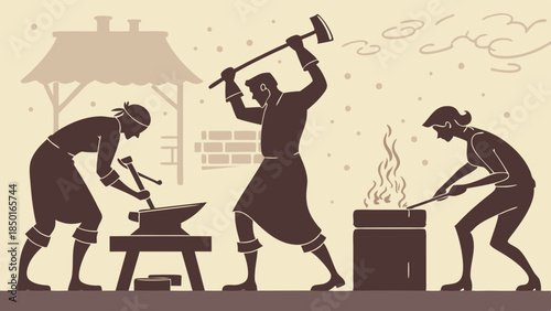 Skilled Artisans Forging Metal in Blacksmith Shop Teamwork Craftsmanship and Industrial Production Silhouette