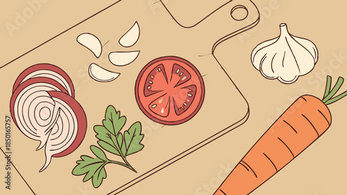 Fresh Vegetables and Herbs on Wooden Cutting Board for Healthy Recipe Preparation Illustration