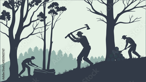 Lumberjacks Cutting Trees in Forest. Silhouettes of Woodcutters with Axes and Saws for Timber Industry and Environmental Deforestation Themes.