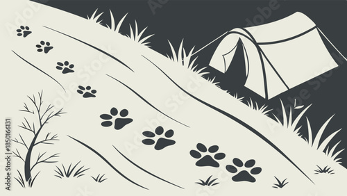 Wildlife Paw Prints Leading to Camping Tent on Hill at Night. Vector Graphic for Outdoor Adventure, Hiking, and Wilderness Exploration.