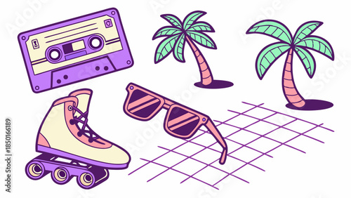 Vibrant Retro 80s 90s Summer Fun Nostalgic Cassette Tape Roller Skate Palm Trees Sunglasses for Lifestyle Marketing and Web Design