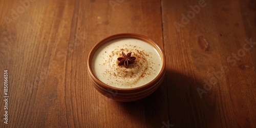 Traditional rice pudding garnished with cinnamon and anise served in a bowl, emphasizing homemade flavor