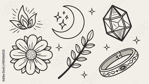 Mystical Boho Tattoo Set Hand Drawn Magic Crystals Flower Moon Branch for Spiritual Branding Design Projects