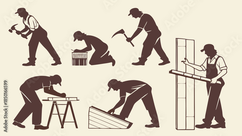 Construction Workers Silhouettes Building Home Repair Carpentry Framing Tiling Labor Manual Laborer Tradesman Set for Website Design