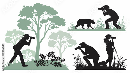 Wildlife Photographers Silhouettes Tracking Animals in Lush Forest for Nature Documentary or Travel Blog Content Creation