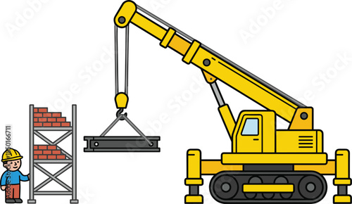 Construction crane lifting steel beam with worker and scaffolding, heavy machinery operation illustration isolated on white background vector