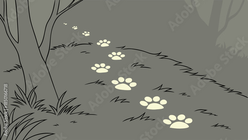 Glowing Paw Prints Trail Leading Through Dark Forest Night Path for Wildlife Tracking Adventure or Mystery Story Illustration
