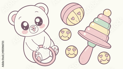 Cute Kawaii Baby Toys Clipart for Nursery Decor, Toddler Birthday Invitations, and Sweet Childhood Product Packaging Design