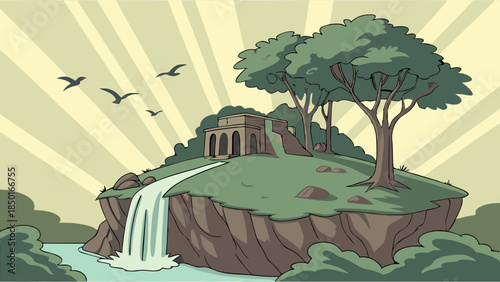 Mystical Floating Island Paradise with Waterfall and Ancient Ruins for Travel Adventure Game Design Background