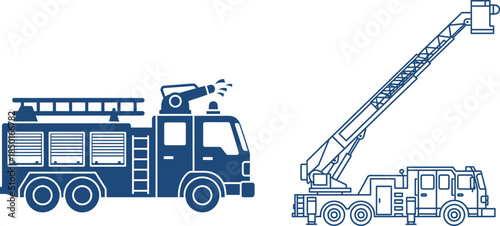 Fire Truck and Ladder Truck Icons for Firefighting Keywords: fire, truck, ladder, truck, icon, set, firefighting, emergency, rescue