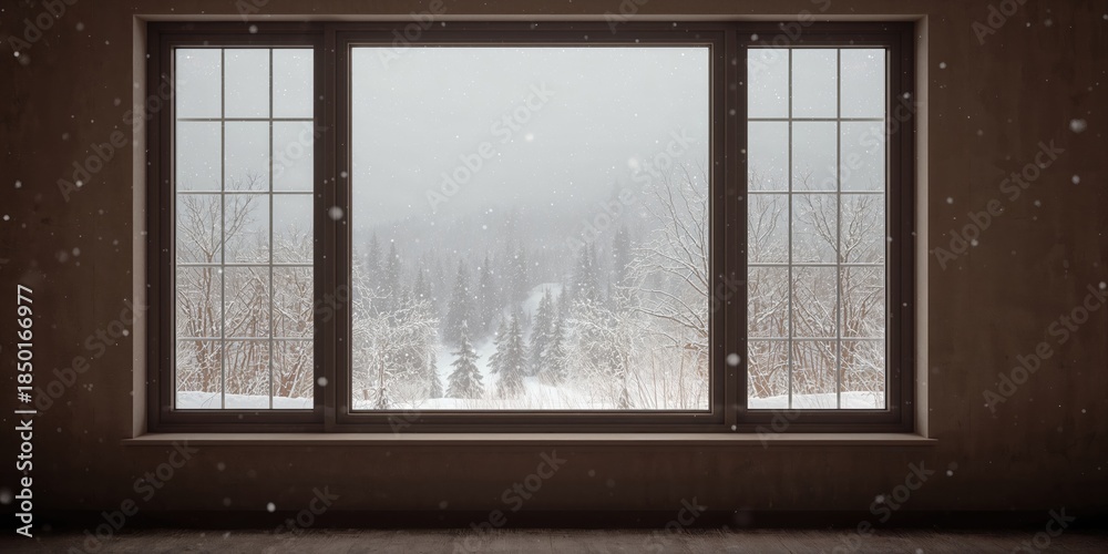 Fototapeta premium Snowstorm outside the window with falling white snowflakes, winter season, seasonal change