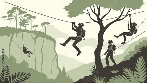 Adventure Team Zip-lining Through Lush Jungle Canopy for Thrilling Outdoor Recreation and Extreme Sports Marketing