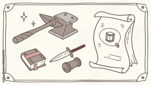 Forge Your Legacy: Blacksmith Hammer, Anvil, Dagger, Book, Scroll, and Treasure Map for Epic Quests and Fantasy Game Design Inspiration