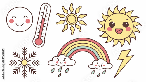 Cute Weather Icons for Kids Education and Fun Apps, Sunny Rainbow Snow Snowflake Lightning Thermometer Cheerful Mood