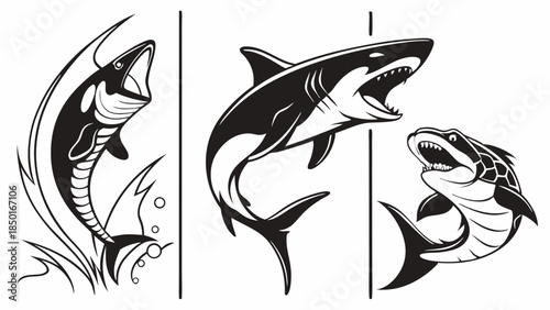 Predatory Marine Life Dynamic Attack Fierce Ocean Predators Shark Orca Fish Aggressive Underwater Wildlife Action For Sports Marketing Design