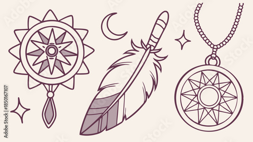 Mystical Celestial Charms Feather Moon Stars Necklace Pendant for Spiritual Branding Web Design Boho Art and Esoteric Marketing Visuals