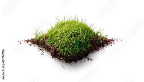 Green moss and dirt pile isolated on white background, suitable for environmental or nature-themed layouts