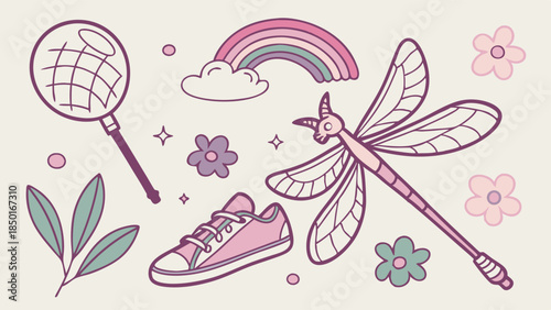 Whimsical Dragonfly and Rainbow Elements for Kids' Party Invitations, Summer Crafts, and Playful Website Design