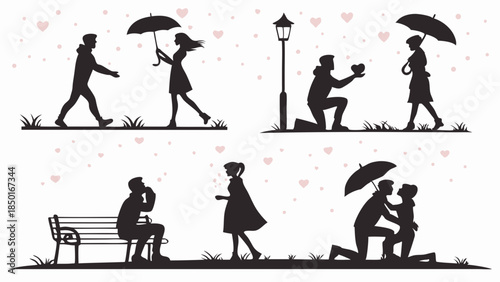 Romantic Couple Silhouettes Under Umbrellas, Proposal Scene, Love Story, Valentine's Day, Wedding, Relationship, Anniversary, Outdoor Park, Date, Sweetheart, Togetherness,