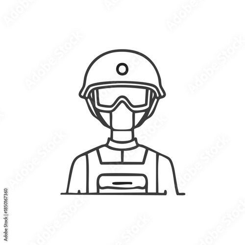 Simple line illustration of a faceless person in full tactical gear with helmet and goggles, representing a soldier or military figure