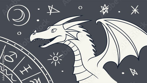 Powerful Dragon Astrological Zodiac Wheel Illustration for Horoscope Fantasy Gaming Spiritual Web Design Mystical Celestial Art