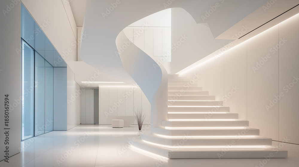 Fototapeta premium Minimalist architectural interior featuring a floating staircase with clean white lines, soft ambient lighting