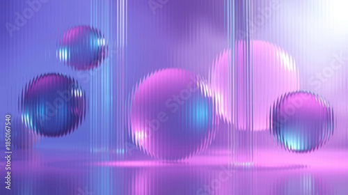 Fotografia Vibrant purple and blue spheres in futuristic digital landscape with dynamic lig