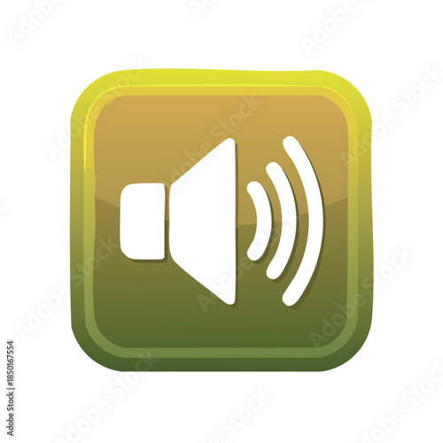 Speaker Volume Icon Button. Sound symbol inside green and yellow rounded square glossy user interface element. Media control button.