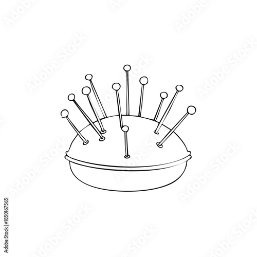 Outline Drawing of Round Pincushion Filled with Straight Pins for Sewing Projects