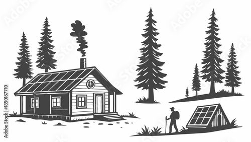 Rustic Cabin with Solar Panels and Hiker with Backpack, Eco-Friendly Off-Grid Living, Sustainable Energy for Outdoor Adventure and Remote Retreats