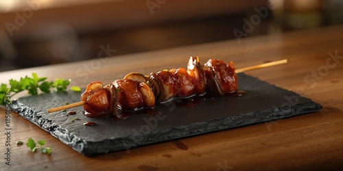 Wallpaper Mural Grilled eel skewered alongside mushrooms on a slate serving platter, highlighting culinary display and meal arrangement Torontodigital.ca