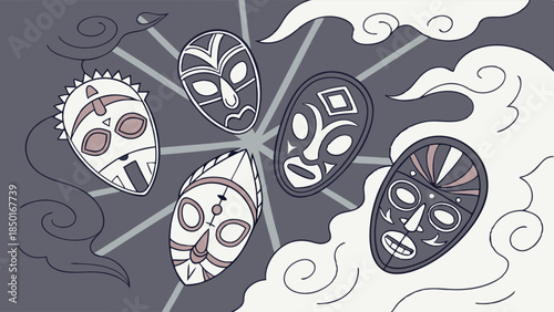 Mysterious Tribal Masks in Swirling Clouds Symbolizing Ancient Wisdom and Cultural Heritage for Design Projects