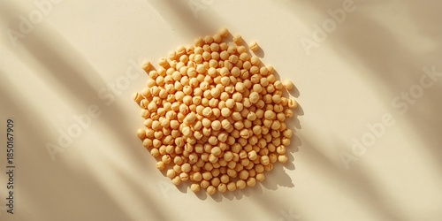 Uncooked organic chickpeas laid out on plain surface, natural ingredients for food processing