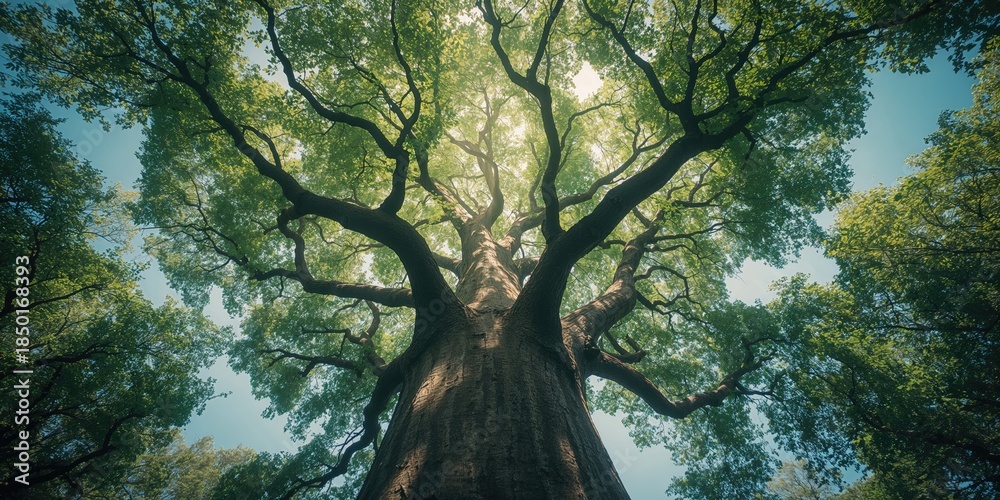 Fototapeta premium Large mahogany timber seen from beneath with clear sky in background, focusing on wood's grain and size, Earth Day