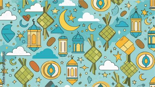 Vibrant Eid Mubarak pattern with lanterns and clouds