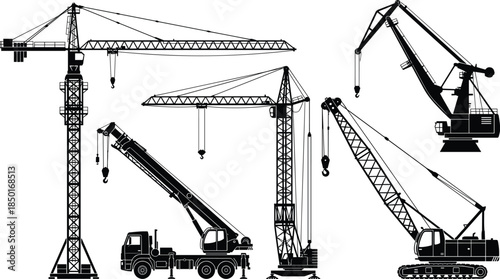 Construction crane silhouette set, tower crane mobile crane crawler crane, heavy lifting machinery collection, industrial building equipment, black vector illustration