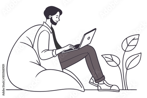 Man working on laptop while sitting on bean bag vector illustration