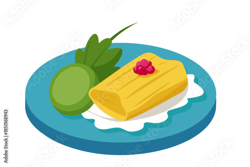 Authentic mexican tamale platter with sour cream salsa and radish vector