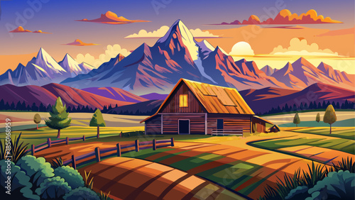 Very beautiful panoramic sunrise of the historic Mormon Barn with the Grand Teton range rising behind, showcasing rural heritage, open fields, and glowing mountain peaks in Wyoming.