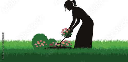 Gardening silhouette illustration, person with bouquet and tool, flower bed scene, black vector design, outdoor nature care, peaceful activity concept