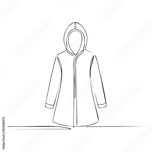 Minimalist outline of a hooded raincoat or windbreaker with a front zipper closure, depicted in a simple continuous line drawing style.