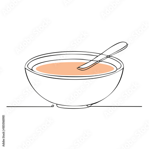 Minimalist Line Art Soup Bowl with Spoon Illustration Lunchtime Meal Simple Food Concept Single Line Design