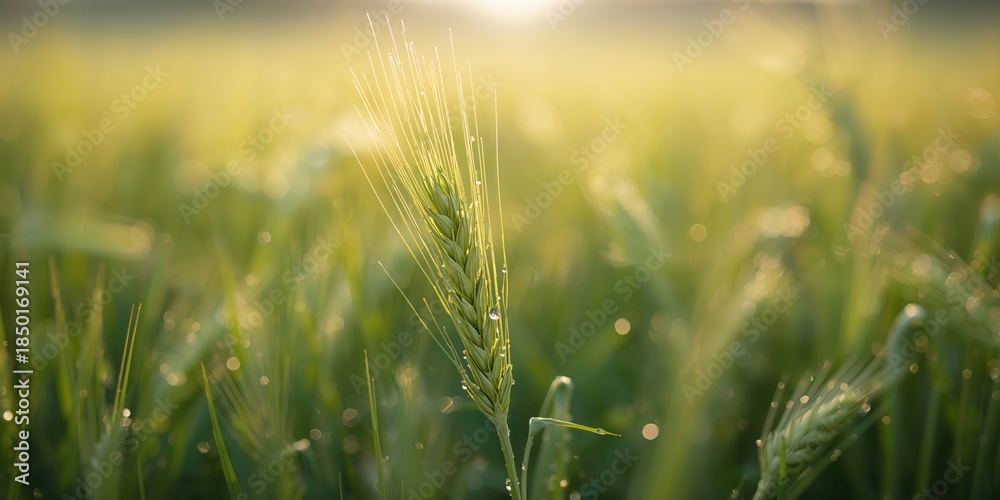 Obraz premium Close-up of fresh green wheat ears in a warm season field, highlighting crop development, World Food Day
