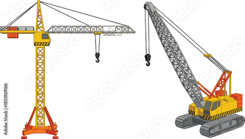 Construction cranes illustration, tower crane and crawler crane, heavy lifting machinery, industrial equipment, engineering infrastructure, building site concept, vector style
