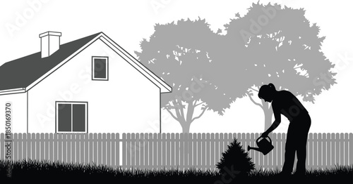 Gardening silhouette, watering bush, suburban yard, peaceful home, outdoor activity, house background, picket fence, nature care, black vector, domestic scene