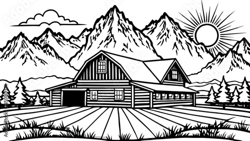 Very beautiful panoramic sunrise of the historic Mormon Barn with the Grand Teton range rising behind, showcasing rural heritage, open fields, and glowing mountain peaks in Wyoming.