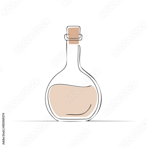 Minimalist line art of a bottle with liquid and cork stopper isolated on white for clean designs