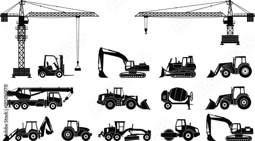 Construction equipment silhouette collection, tower cranes, excavators, bulldozers, forklifts, loaders, trucks, tractors, road machinery, heavy industrial vehicles, vector set